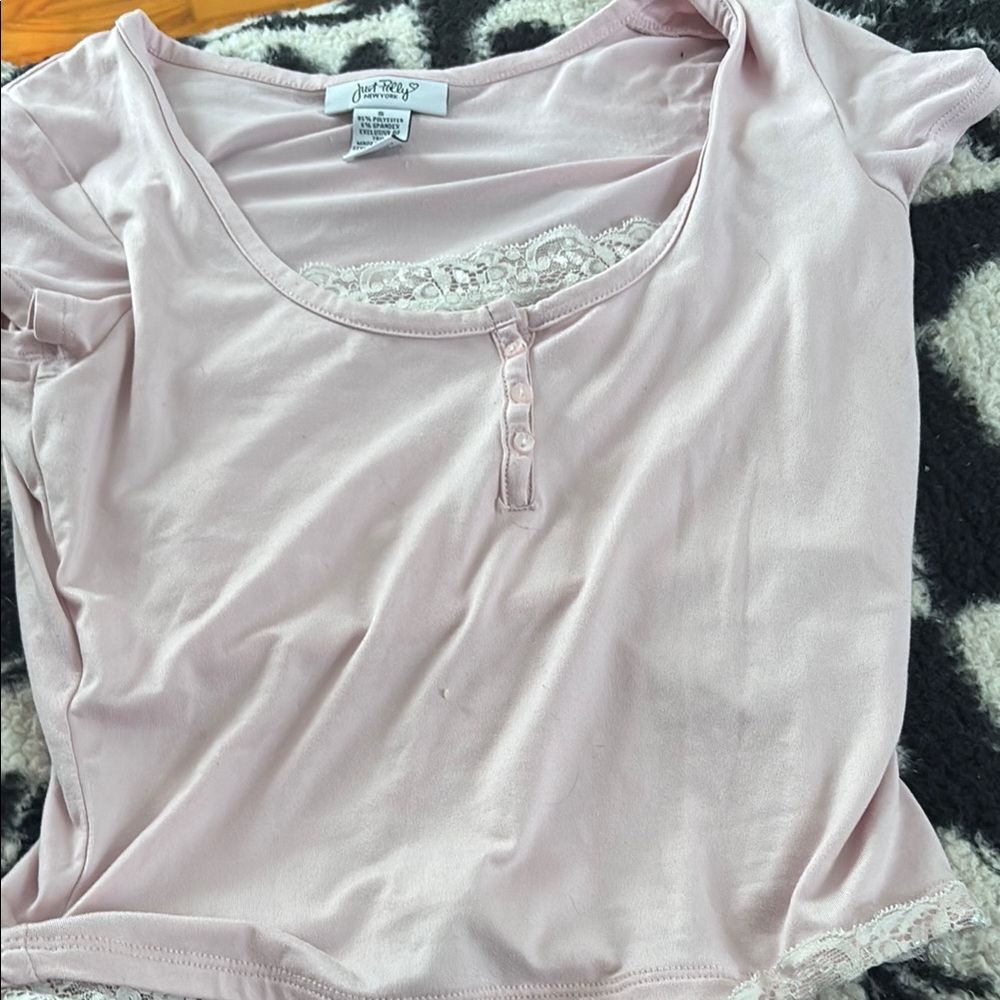Just Polly Pink Lace Trim Crop Top